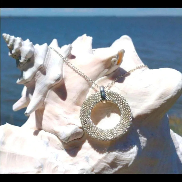 VINTAGE STERLING MESH DONUT SHAPED PENDANT ON 18” CHAIN W BRACELET AND R… - Picture 1 of 15